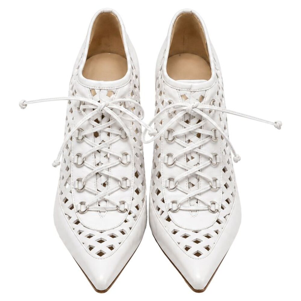 Versace Lace Up High-Heeled Mules in White Leather